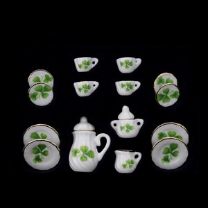 Dollhouse 1:12 Selection - Coffee Service Tea Service Flowers with Gold Rim Porcelain 15-piece Grüner Klee