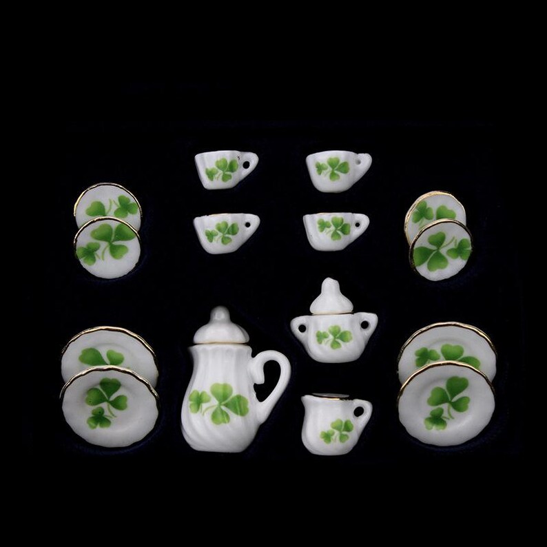 Dollhouse 1:12 Selection - Coffee Service Tea Service Flowers with Gold Rim Porcelain 15-piece Grüner Klee