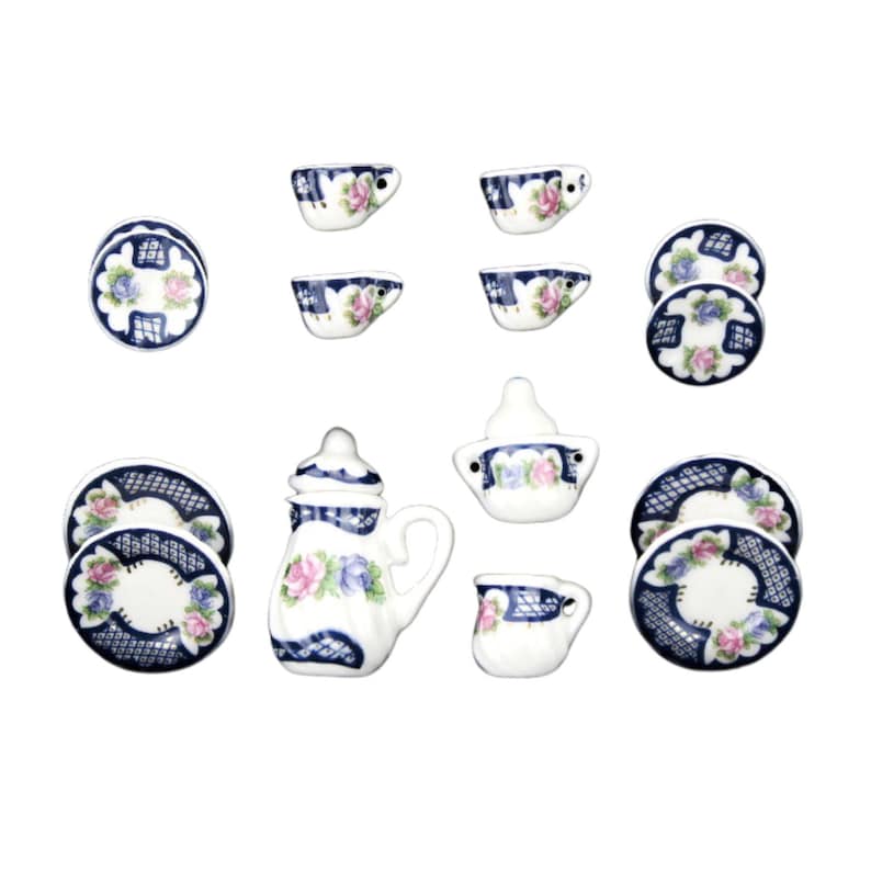 Dollhouse 1:12 Selection - Coffee Service Tea Service Flowers with Gold Rim Porcelain 15-piece Lomonossow