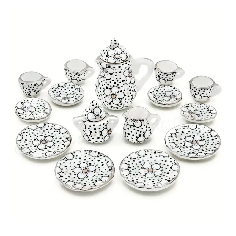 Dollhouse 1:12 Selection - Coffee Service Tea Service Flowers with Gold Rim Porcelain 15-piece image 5