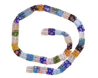 Lampwork glass beads Millefiori square 9.5-10 mm colorful strand 40 cm
