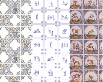 Dollhouse paper wallpaper Delft tiles children playing with narrow border 1:12