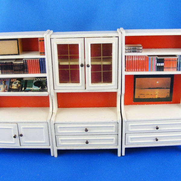 Lundby vintage living room wall unit 3 parts white/red 80s