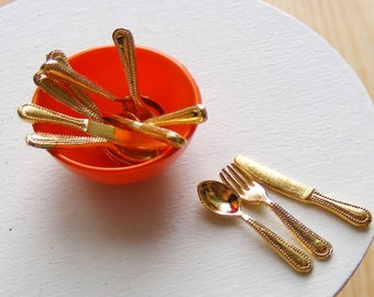 Puppenhaus Miniatur Besteck-Set Messer Gabel Löffel 12 Teile oder 3 Teile gold