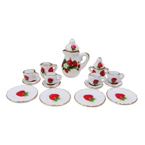 Dollhouse 1:12 Selection - Coffee Service Tea Service Flowers with Gold Rim Porcelain 15-piece Erdbeere