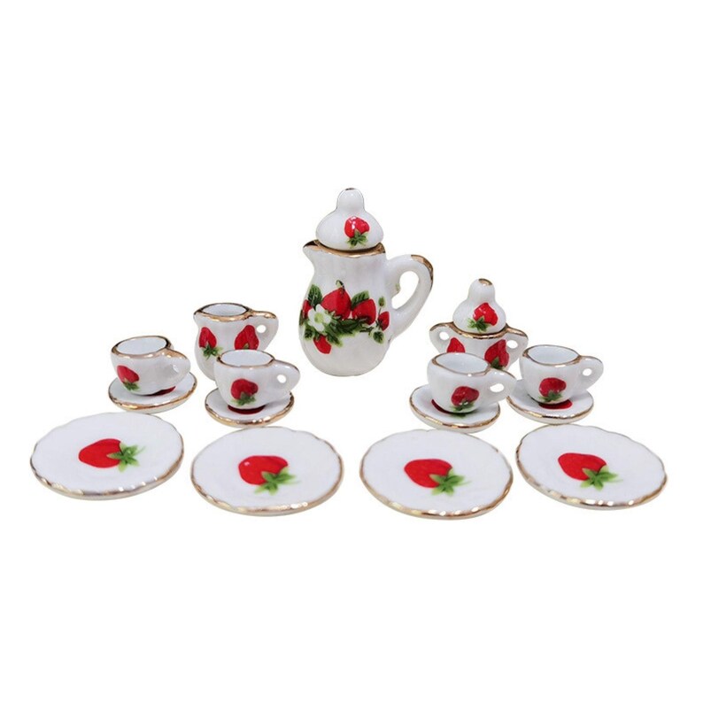 Dollhouse 1:12 Selection - Coffee Service Tea Service Flowers with Gold Rim Porcelain 15-piece Erdbeere
