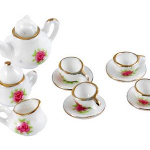 Puppenhaus Tee/Kaffeeservice Rose mit Goldrand Porzellan 1:18