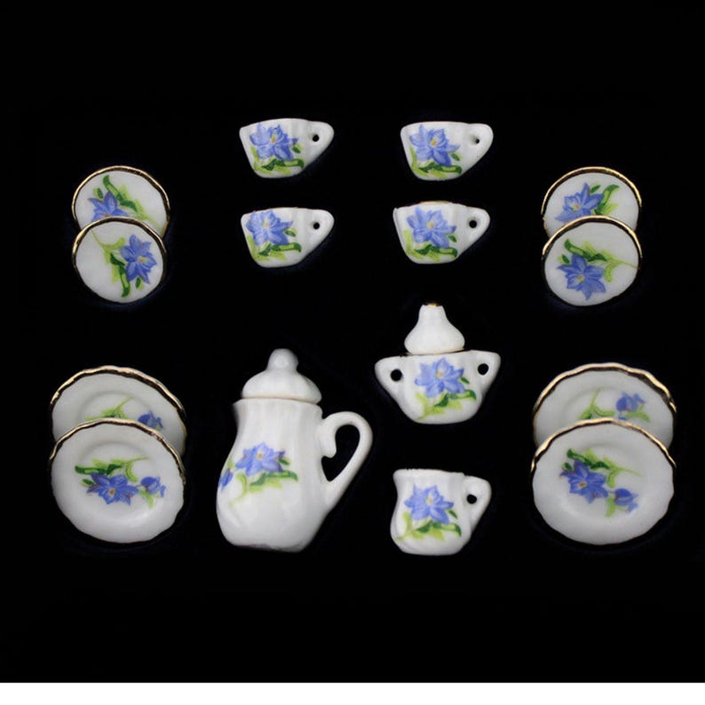 Dollhouse 1:12 Selection - Coffee Service Tea Service Flowers with Gold Rim Porcelain 15-piece Enzian blau