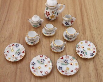 Dollhouse - selection - coffee service tea service flowers with gold rim porcelain 15 pieces