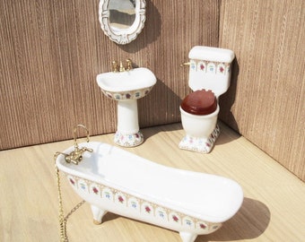 Dollhouse 1:12 bathroom furniture set Porcelain white with floral pattern