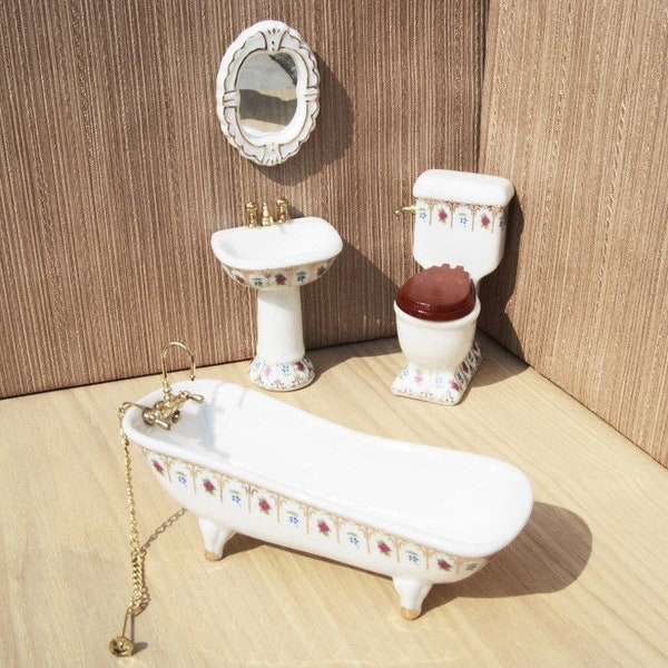 Juego de muebles de baño de casa de muñecas 1:12 Porcelana blanca con estampado floral