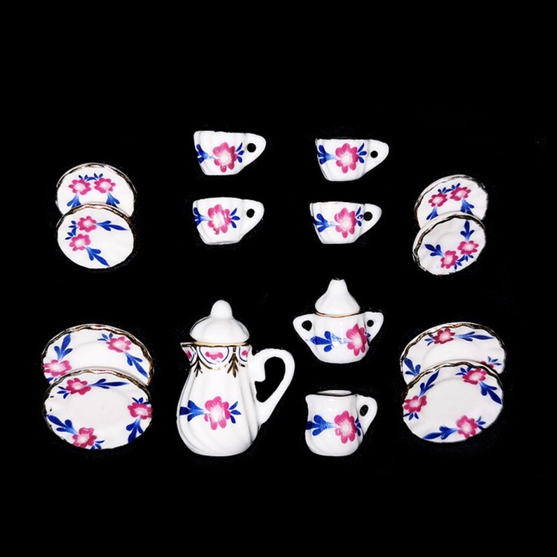 Dollhouse 1:12 Selection - Coffee Service Tea Service Flowers with Gold Rim Porcelain 15-piece Blume pink
