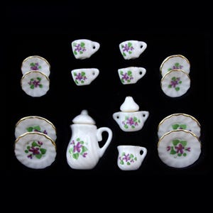 Dollhouse 1:12 Selection - Coffee Service Tea Service Flowers with Gold Rim Porcelain 15-piece Lila Veilchen