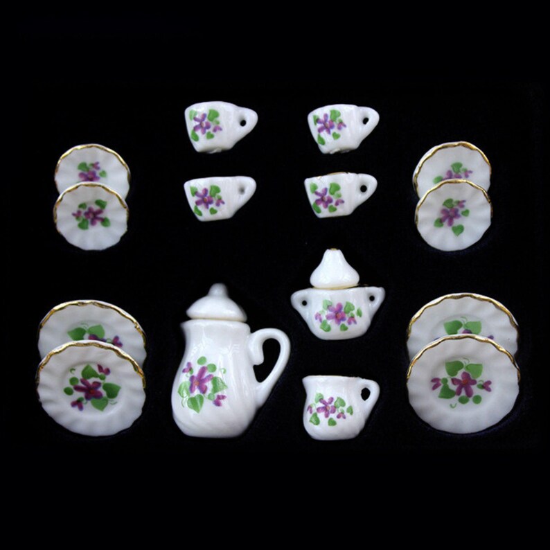 Dollhouse 1:12 Selection - Coffee Service Tea Service Flowers with Gold Rim Porcelain 15-piece Lila Veilchen