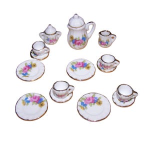 Dollhouse 1:12 Selection - Coffee Service Tea Service Flowers with Gold Rim Porcelain 15-piece BunteBlume 2
