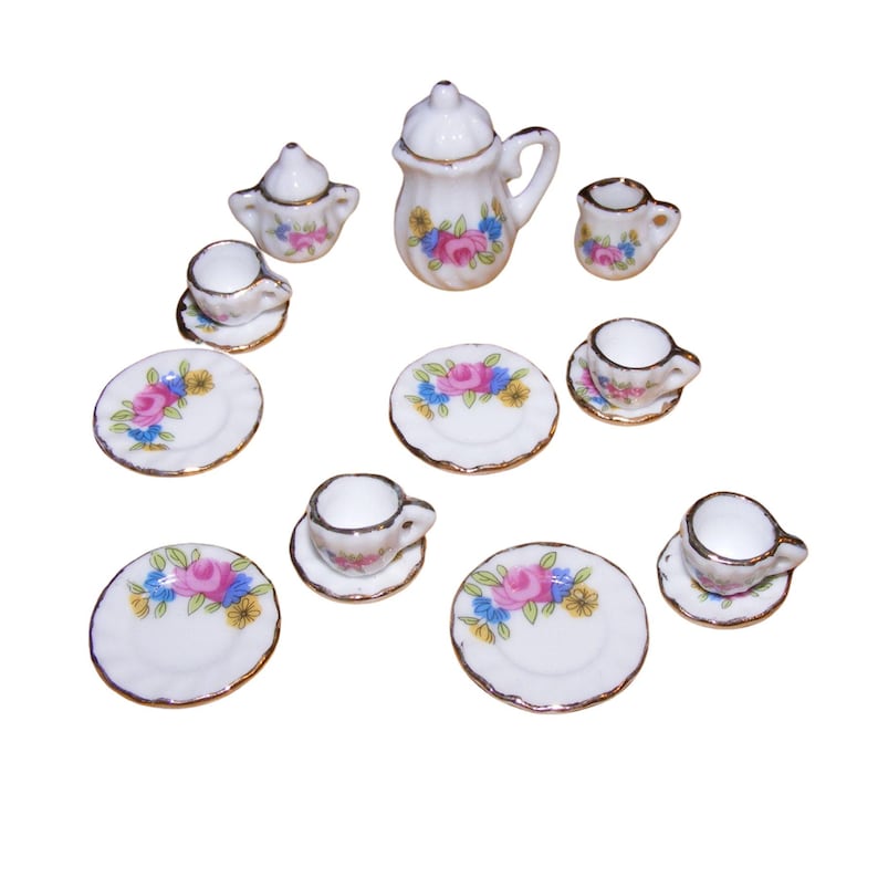 Dollhouse 1:12 Selection - Coffee Service Tea Service Flowers with Gold Rim Porcelain 15-piece BunteBlume 2