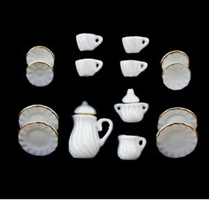 Dollhouse 1:12 Selection - Coffee Service Tea Service Flowers with Gold Rim Porcelain 15-piece Weiß Goldrand