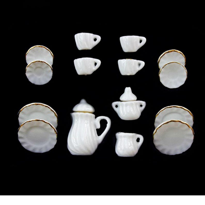 Dollhouse 1:12 Selection - Coffee Service Tea Service Flowers with Gold Rim Porcelain 15-piece Weiß Goldrand