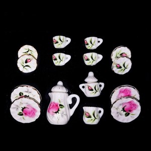 Dollhouse 1:12 Selection - Coffee Service Tea Service Flowers with Gold Rim Porcelain 15-piece Rosa Rose groß