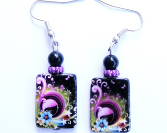 Earrings printed mother of pearls, silver-plated ear hooks