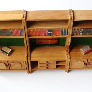 Lundby living room wall unit 3-part natural wood with green back panel 1983