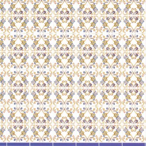 May include: A white tile pattern with a blue and gold floral design. The tiles are arranged in a repeating pattern and have a glossy finish.