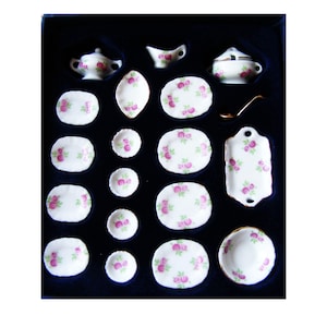 Dinner service pink rose with gold rim - Porcelain for 1:12 - 19 pieces
