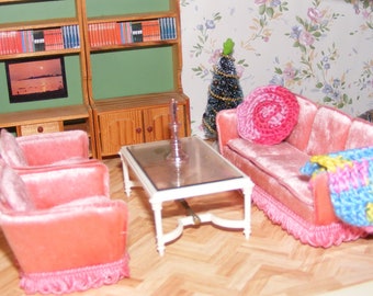 Ensemble club Lundby Salon Symphony canapé rose + 2 fauteuils avec table basse années 80