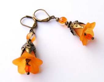 Boucles d'oreilles campanule orange, couleur bronze