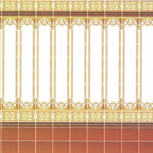 Può includere: Design di piastrelle decorative con un motivo ripetuto di pannelli bianchi verticali incorniciati da bordi dorati e marroni ornati. La sezione inferiore presenta piastrelle quadrate marroni, creando un'estetica coesa ed elegante.