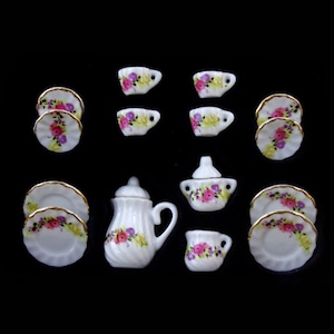Dollhouse 1:12 Selection - Coffee Service Tea Service Flowers with Gold Rim Porcelain 15-piece Bunte Blume