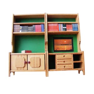 Lundby living room wall unit 2-part natural wood with green back panel 1983