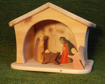 small nativity scene, stable, farm made of solid wood