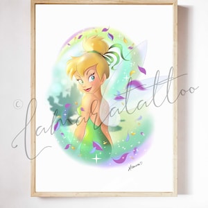 Tinkerbell Poster, Wand Dekor, Aquarell, Tattoo Vorlage, Peter Pan, Tink Fee Elfe, Kinderzimmer Bild, Wandkunst, Raum Plakat