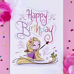 Geburtstagskarte, Rapunzel, Pascal, Postkarte, Grußkarte, Mama Freundin Freund Geschenk, inkl. Lila Briefumschlag