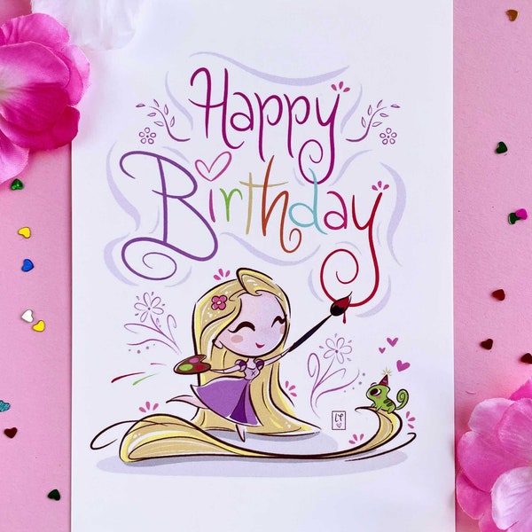 Carte d'anniversaire, Raiponce, Pascal, carte de vœux, cadeau maman petite amie petit ami, avec enveloppe violette