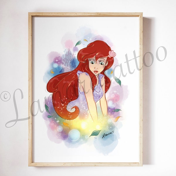 Arielle die kleine Meerjungfrau Poster, Aquarell Disney, Tattoo Vorlage, Eric, Kinderzimmer Bild, Wandkunst, Raum Plakat, Wand Dekor