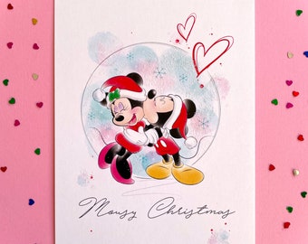 Christmas card, Mickey Mouse, Minnie Mouse, greeting card, mom girlfriend boyfriend gift, glitter postcard