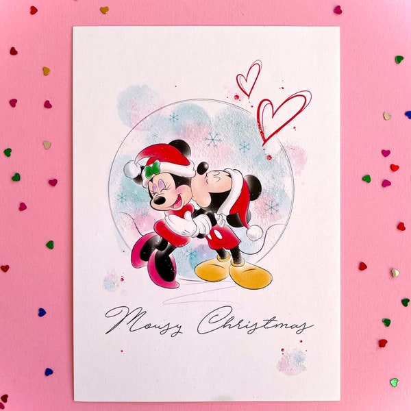 Cartolina di Natale, Topolino, Minnie, biglietto di auguri, regalo mamma fidanzata fidanzato, cartolina glitterata