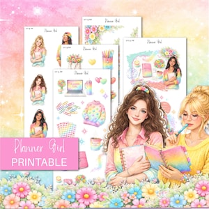 May include: A collection of "Planner Girl Printable" stickers and illustrations. The image features several sheets with illustrations of women, flowers, and planner accessories. The color palette includes pastels, rainbows, and floral designs. The text "Planner Girl Printable" is displayed on a pink banner.