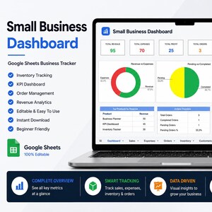 Könnte beinhalten: Ein Laptop zeigt ein "Small Business Dashboard" in Google Sheets. Der Bildschirm zeigt Einnahmen, Ausgaben und Bestellungen. Funktionen umfassen Inventarverfolgung, KPI-Dashboard und Umsatzanalyse. Das Dashboard ist editierbar und benutzerfreundlich.