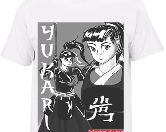 May include: A white t-shirt with a black and white illustration of a woman holding a sword. The illustration includes the Japanese characters "Yukari" and "流". The text "CONTOEARTS" is also included in the illustration.