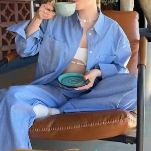 Blue Striped Pajama Style Set – Italian Cotton Wide Leg Pants and Long Sleeve Button-Down Shirt – Baby Blue Lounge Summer Pants Casual Set