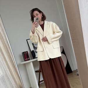 Women’s Oversized Cotton Blazer - Butter Yellow Single-Breasted Jacket, Tailored Suit Jacket Pleated Shoulders, Summer Double Layer Blazer