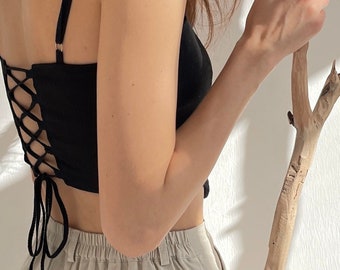 Haut corset en lin noir esthétique haut court à lacets pour femmes d'été sans manches