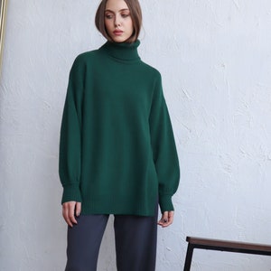 Women Wool Sweater With Side Slits Green Turtleneck Pullover Soft Knit Jumper Gift for Her One Size Sweater image 4