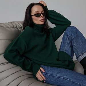 Women Wool Sweater With Side Slits Green Turtleneck Pullover Soft Knit Jumper Gift for Her One Size Sweater image 5