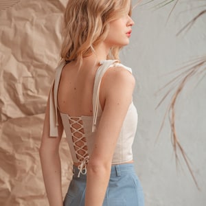 Aesthetic Cotton Top Cropped Corset Top With Straps Lace Up Top Beige