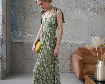 Robe mi-longue verte à fleurs, dos nu, découpé, magnifique robe d'été pour femme, bretelles larges, nœud, robe romantique, bohème et hippie, robe d'été à fleurs