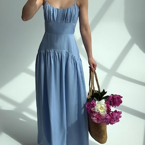 Blue Milkmaid Drop Waist Tencel Maxi Dress, Cottagecore Basque Bridesmaid Dress, Coquette Regencystore Wedding Guest Gown